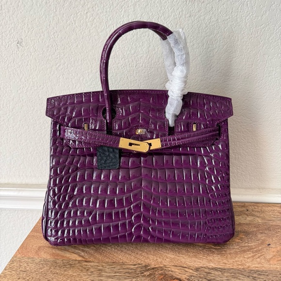 LEATHER INSIDE & OUT Purple Arch Bead 30 BK High Gloss Croc 3D Emboss Satchel B1 - Picture 2 of 16